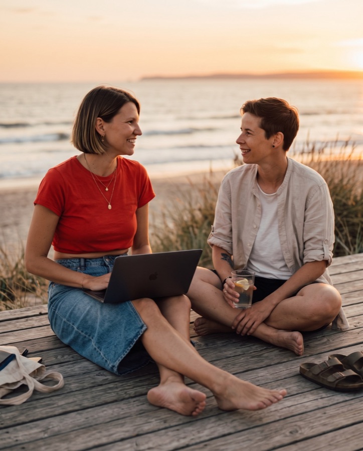 KI-Bild: Kathi mit Laptop und Franka sitzen auf einem Holzsteg am Strand