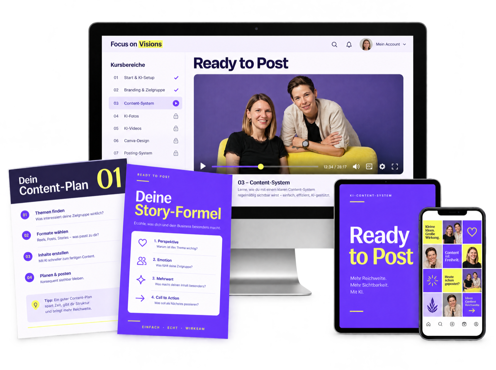 Ready to Post im Überblick: Kursbereich mit sieben Modulen und Video von Franka und Kathi, Content-Plan, Story-Formel, Tablet und Handy mit fertigem Instagram-Feed